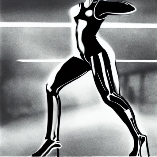 Prompt: Trinity the matrix, Femaile sprinter in athletic attire with cyborg legs, diesel punk, athletic footage, 1980's, olympics, cinematic, art deco