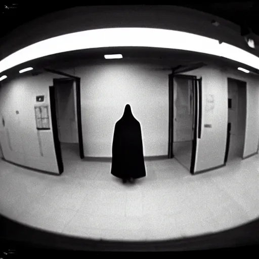 Image similar to cctv fisheye footage of a hooded shadowy figure in a laboratory with eyes staring at the camera