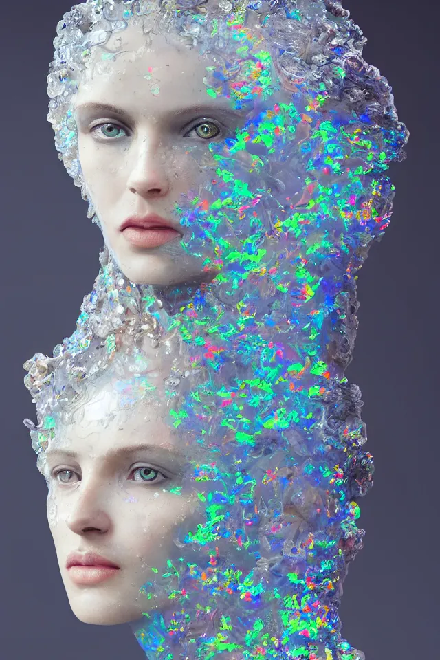 Image similar to a sculpture made of opal and water, portrait, queen, future, harper's bazaar, vogue, magazine, insanely detailed and intricate, concept art, ornate, luxury, elite, elegant, trending on artstation, by Ruan Jia, Kenneth Willardt, Ross Tran, WLOP, Andrei Riabovitchev.