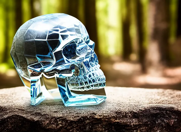 Prompt: crystal skull encased in crystal cube. On a pedestal in ancient ruins in the forest. Highly detailed 8k. Intricate. Nikon d850 55mm. Award winning photography.