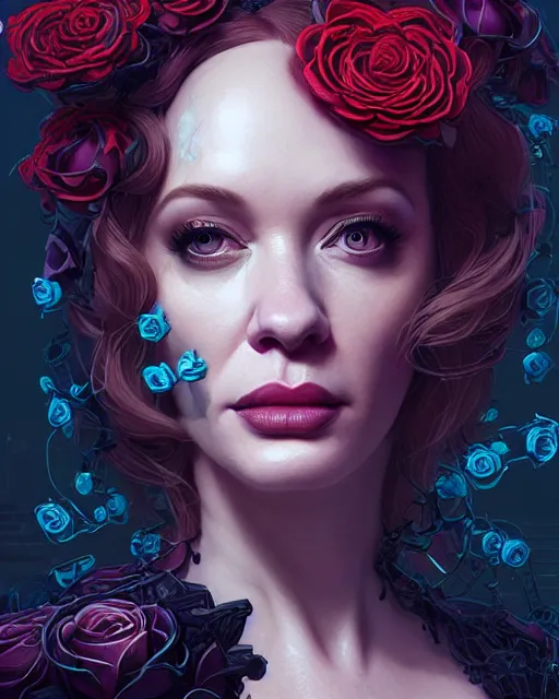 Image similar to portrait of christina hendricks with roses, cyberpunk cyborg. roses, sci - fi, intricate abstract upper body intricate artwork, by tooth wu, wlop, beeple, dan mumford. concept art, octane render, deviantart, greg rutkowski, cinematic arthouse, key art, hyper realism, iridescent accents