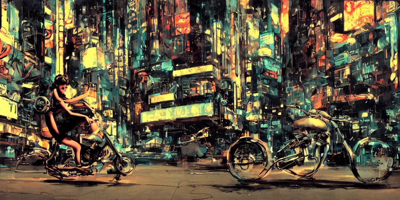 Prompt: pin-up girl with mechanical arm sitting on a chopper by ashley wood and syd mead, street corner, blade runner, 2001 a space odissey, neon lights, night time, bokeh