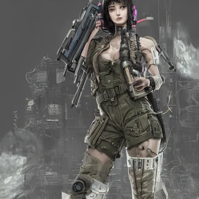 Image similar to the portrait of lawful neutral female cyberpunk marine sniper as absurdly beautiful, gorgeous, elegant, young gravure idol, an ultrafine hyperdetailed illustration by kim jung gi, irakli nadar, intricate linework, bright colors, octopath traveler, final fantasy, unreal engine 5 highly rendered, global illumination, radiant light, detailed and intricate environment