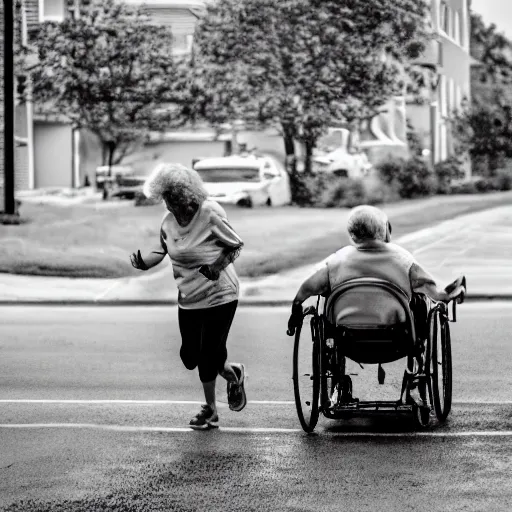 Image similar to nursing home clients running down the street find a car and start to drive. shallow depth of field. very dark and stormy