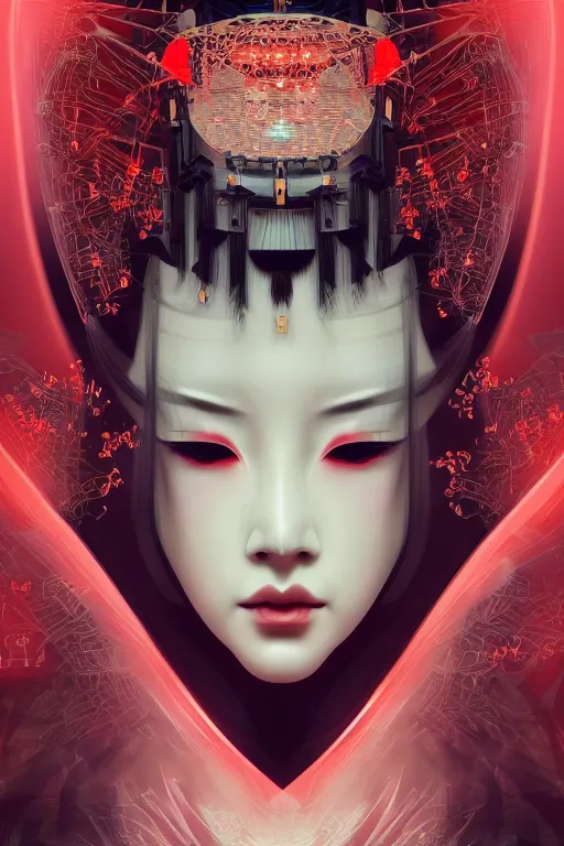 Image similar to A masterpiece portrait of a Incredibly cyber geisha by Ash Thorp, medium shot, intricate, elegant, highly detailed