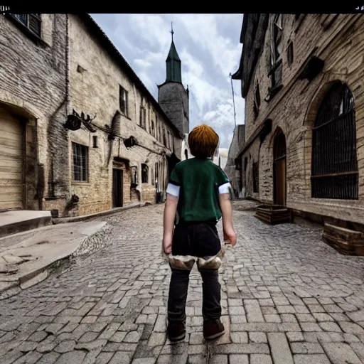 Image similar to the back of a boy standing in the streets of a fantastical medieval fantasy city, extremely detailed and photorealistic, 8k