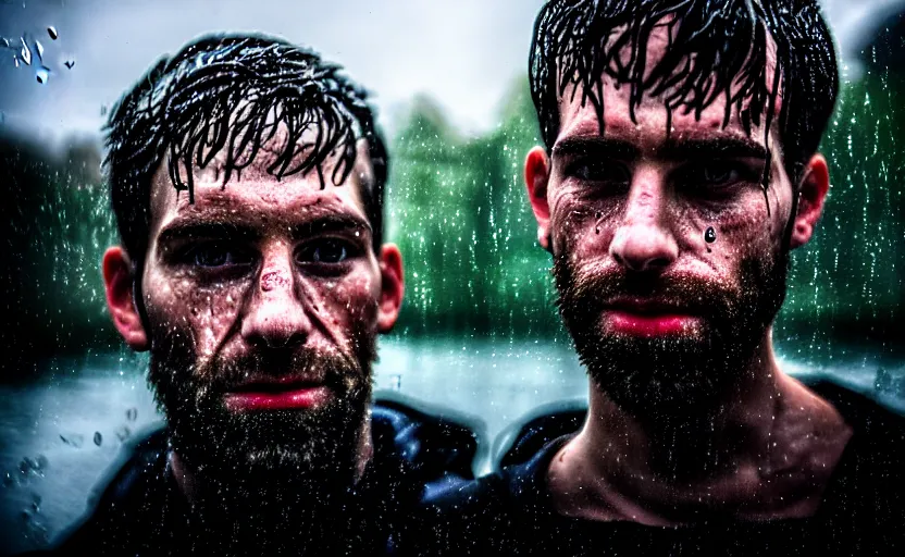 Prompt: cinestill 5 0 d candid photographic portrait by helen levitt of two european male androids wearing rugged black mesh techwear in treacherous waters, extreme closeup, modern cyberpunk moody depressing cinematic, pouring rain, 8 k, hd, high resolution, 3 5 mm, f / 3 2, ultra realistic faces, ex machina