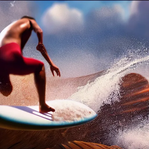 Image similar to surfing action shot, 8k, RED camera, cinematic, hyper realism, octane render, 8k, depth of field, bokeh