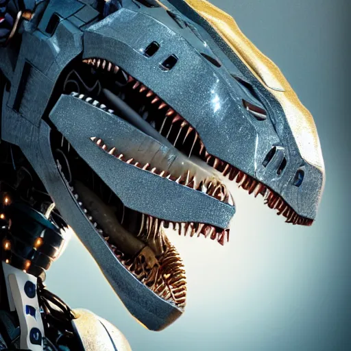 Prompt: hyper-realistic detailed portrait photograph, mid shot, gangster robot mecha dinosaur with a single gold tooth, cyberpunk