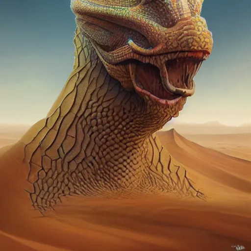 Image similar to a hyperrealistic illustration of a scaly monster covered in sand, desert with rocks with fractal sunlight, award-winning, masterpiece, in the style of Tom Bagshaw, Cedric Peyravernay, Peter Mohrbacher