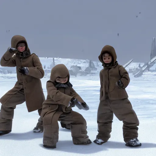 Image similar to baby steampunk snowtroopers on hoth having a snowball fight, action still, by cameldeath