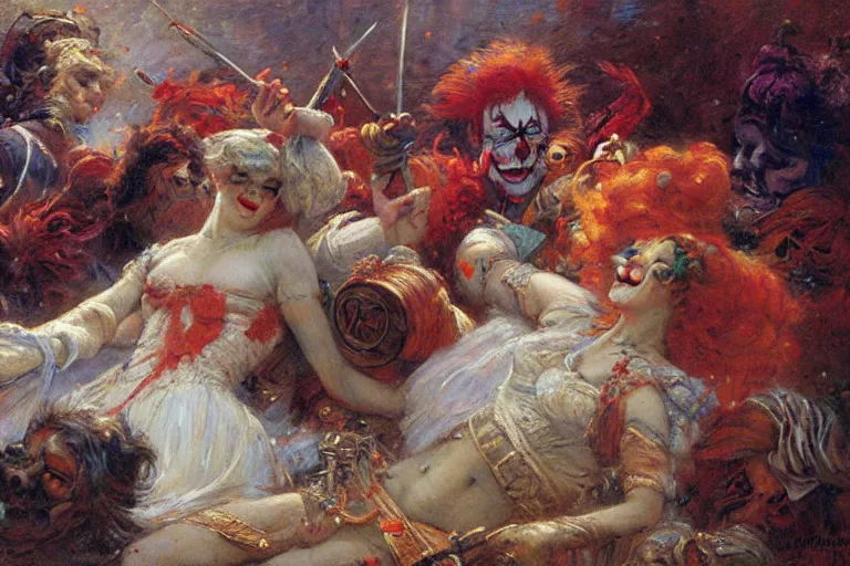 Image similar to war of the clowns. art by gaston bussiere.