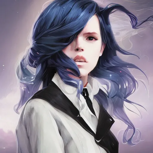 Image similar to low - angle shot from behind of a long blue - haired girl in a tailcoat overlooking demacia, combat boots, noir, screenshot, sharp focus, intricate, illustration, cell shaded, digital painting, highly detailed, straight hair, art by ilya kuvshinov, wlop, greg rutkowski, studio quality, james jean