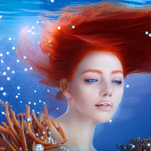 Image similar to a beautiful redhead mermaid in the middle of the ocean, sunshine underwater, pearls, efflorescence, futuristic cybernetic engine, intricate details in the frames, symmetrical, magic, 4k high quality render.