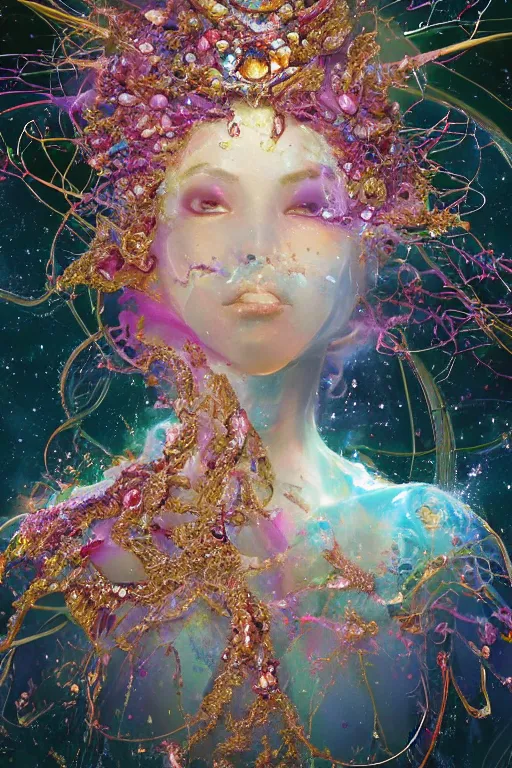 Prompt: realistic 8k digital painting of a stunning intricate cracked multicolored milky marble Cosmic EVA-Mech Ethereal Queen character design. Beautiful aura. Kintsugi. by Daytoner, Greg Tocchini, Yoshitaka Amano. Intricate Empress Crown made of sentient mycelium jewels and gems. subtle misty xparticles. Scattered Cherry blossoms Hyperrealism. Subsurface scattering. Octane Render