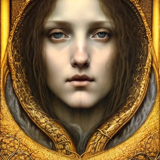 Image similar to detailed realistic beautiful young medieval queen face portrait by jean delville, tom bagshaw, brooke shaden, gustave dore and marco mazzoni, art nouveau, symbolist, visionary, gothic, pre - raphaelite, ornate gilded medieval icon, surreality, ethereal, unearthly