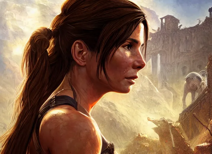 Image similar to face portrait of concentrated young Sandra Bullock as Lara Croft with pig-tails entering an incredible epic ruin, glorious sun beams, intricate, elegant, highly detailed, digital painting, short focus, illustration, Allan Lee, John Howe