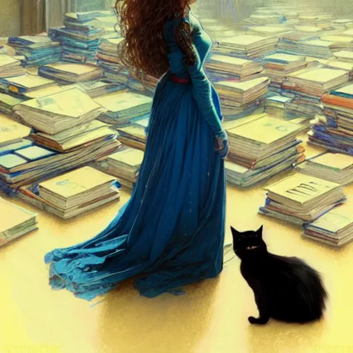 Image similar to A girl in a blue dress standing over a pile of books with golden locks down her back and a black cat at her feet, face, fantasy, intricate, elegant, highly detailed, digital painting, artstation, concept art, smooth, sharp focus, illustration, art by Krenz Cushart and Artem Demura and alphonse mucha