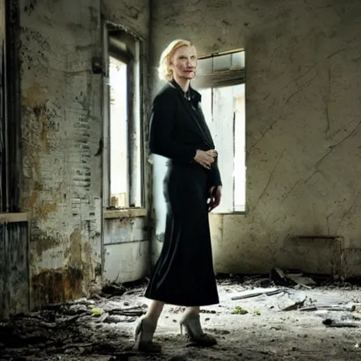 Prompt: photo of cate blanchett in an abandoned building, by Annie leibowitz, photorealisitc ,detailed