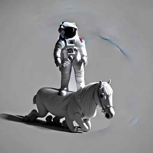 Image similar to an astronaut standing on the ground and a small trippy aggressive centaur standing on that poor human being standing on all fours astronaut raising his arms up, really trying to ride it, the horse is on his shoulders and grabbing them, minimalist style, 3 d render, isometry