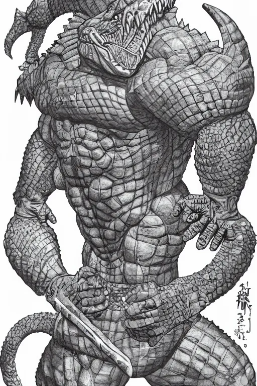 Image similar to portrait of a muscular crocodile man barbarian, furry art, fursona, anthro, detailed scales, akira toriyama