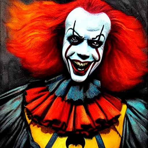 Image similar to portrait of pennywise mixed with batman by abbey edwin austin