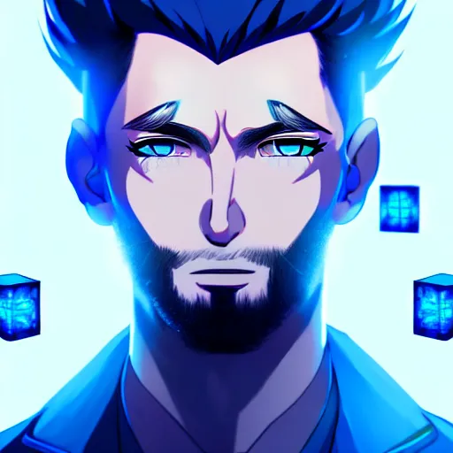 Prompt: a highly detailed portrait of a man with navy blue hair and blue glowing eyes, summoning blue transparent cubes, high detail clothing, concept art, anime, artstation, professional