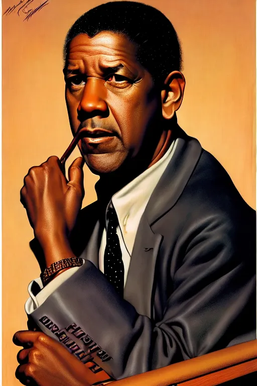 Image similar to denzel washington by gil elvgren and norman rockwell and rob gonsalves and hajime sorayama, hyperrealistic, high detail, ultra detailed, highly detailed face, ruffled fabric