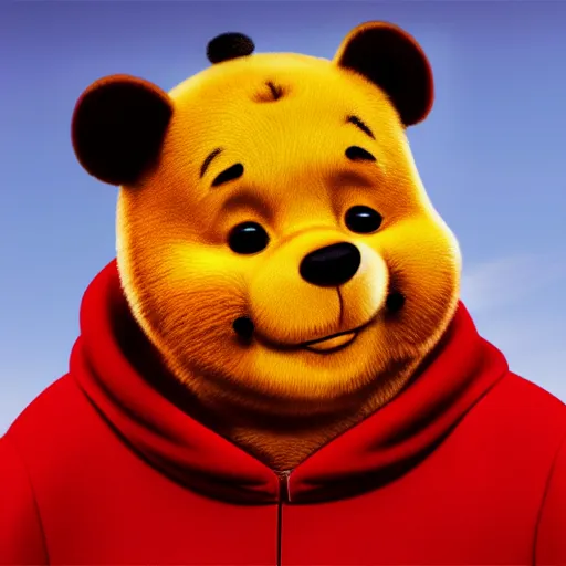 Image similar to film still photo portrait of xi jinping cosplaying as winnie the pooh, realistic, hyperrealistic, 8 k resolution, hd quality, very detailed, highly detailed, intricate details, real life, real world, trending on artstation, digital art, really realistic, very realistic, headshot, head in frame, photograph, portrait