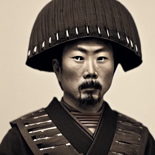 Image similar to a japanese samurai, focused, looking at the camera, photography