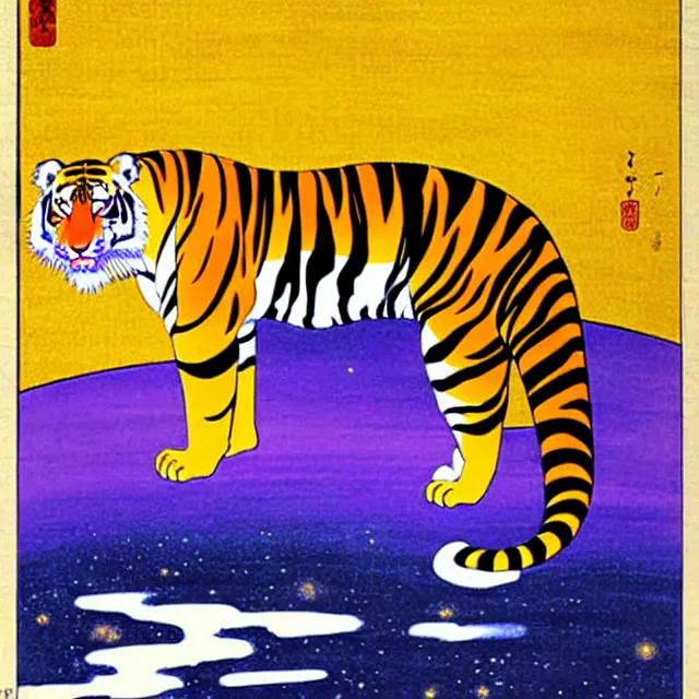 Prompt: a beautiful painting tiger, by ukiyo - e, galactic yellow violet colors