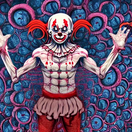 Image similar to 4K headshot of scary clown with defined arms and open hands and bloody clothes with giant mandala wings , intricate face , flawless anime cel animation by Kentaro Miura, psychedelic , highly detailed upper body , professionally post-processed , beautiful, scary, symmetry accurate features, epic, octane rendered, anime masterpiece, accurate