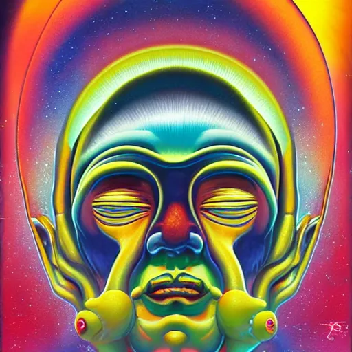 Image similar to psychedelic astronaut attaining enlightenment in the style of octavio ocampo naoto hattori, cg society, trending on artstation, award winning