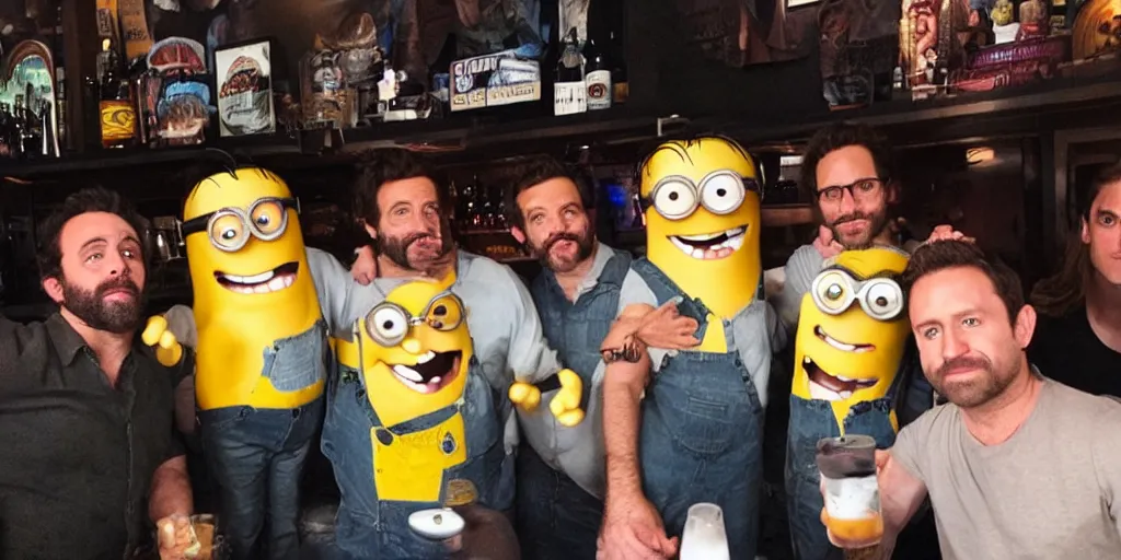 Prompt: the gang from Always Sunny in Philidelphia hanging out with the Minions at their bar, FX TV show, lenses, sitcom