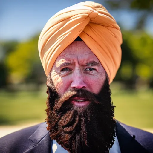 Image similar to a portrait of joe biden wearing a long beard and a turban joining the taliban, fine details, close up, 8 k photography, depth of field, bokeh. i