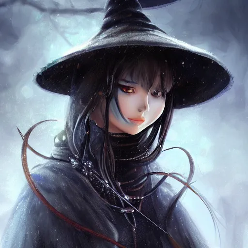 Prompt: !dream An anime young woman witch of the cold, scales and jewelry of gold and silver, intricate, digital painting, highly detailed, concept art, Artstation, Cgsociety, Artgerm, Studio Trigger, Wlop