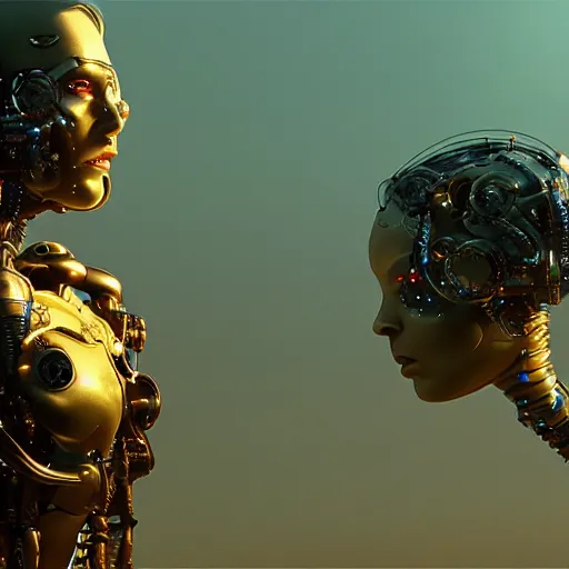 Image similar to a cybernetic symbiosis, cybernetic mech cyberpunk woman, organic ceramic fractal forms, golden hour lighting, film still from the movie directed by denis villeneuve with art direction by wayne barlowe and salvador dali, wide lens