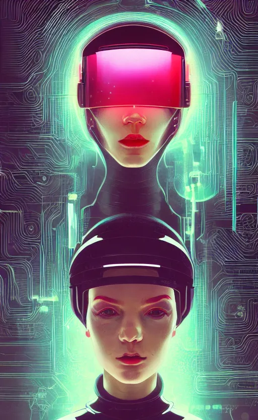 Image similar to portrait of a cyberpunk girl with futuristic helmet and with very tight black latex dress by Petros Afshar and Beeple, James Gilleard, Mark Ryden, Wolfgang Lettl highly detailed