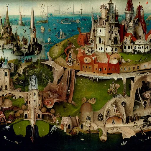 Image similar to a beautiful stunning insanely detailed complex matte painting of a magical mythical city at the edge of the world, by Hieronymus Bosch and Jim B