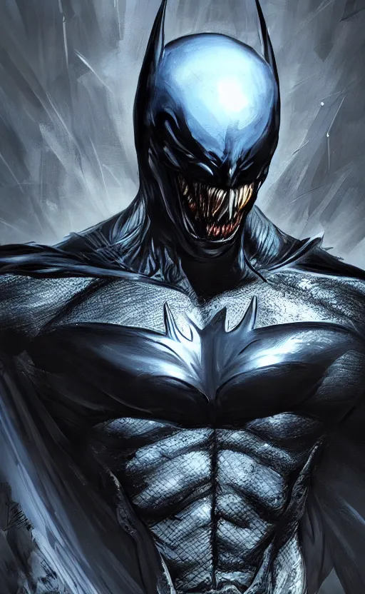 Image similar to venom as batman, dynamic lighting, photorealistic fantasy concept art, trending on art station, stunning visuals, terrifying, creative, cinematic