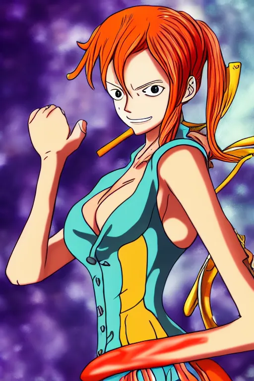 Prompt: nami from one piece. screenshot. art by awn arts. colorful. 4 k.
