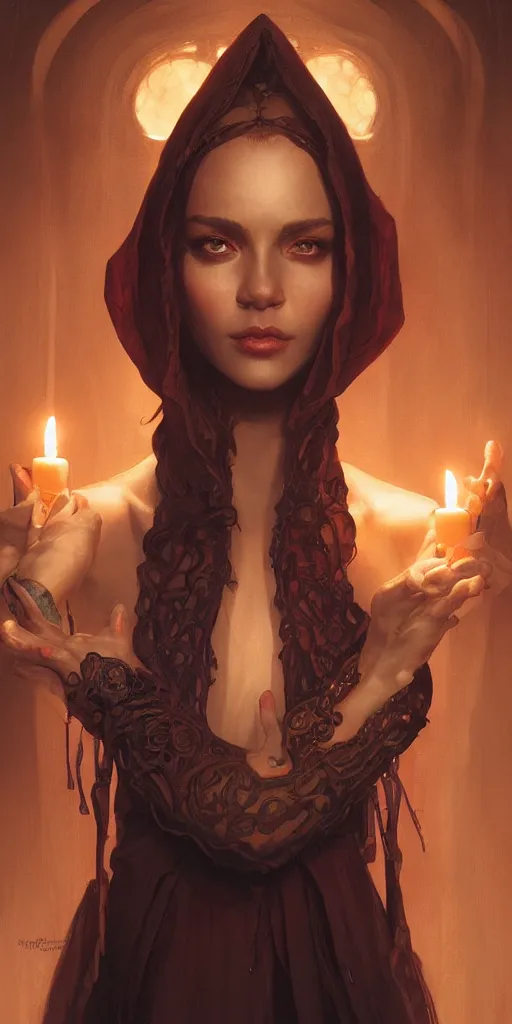 Prompt: very beatiful girl close to a candle in dark room, queen of the damned dramatic light, highly detailed, digital painting, artstation, concept art, sharp focus, illustration, art by artgerm and greg rutkowski and alphonse mucha