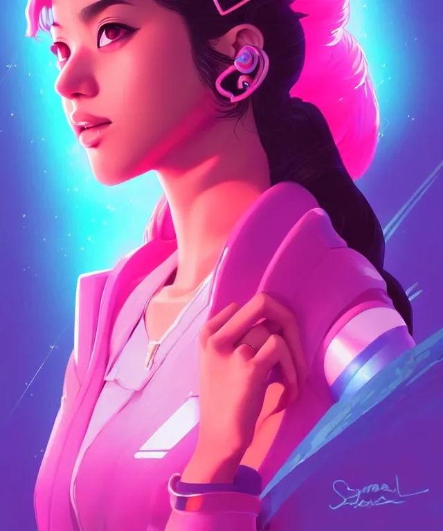 Image similar to beautiful portrait of sana from twice as a sci fi woman, with vaporwave aesthetic by artgerm, yuumei, makoto shinkai, concept art by james gilleard, artstation, cgsociety, synchromism, 8 0 s animation flat cell shaded. with thick black pencil lines!!!!