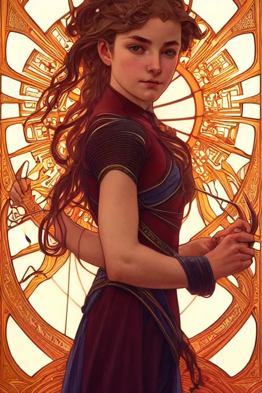 Image similar to symmetry!! intense fanart of 3 / 4 back pose of young christine as acotar protagonist, intricate, elegant, highly detailed, my rendition, digital painting, artstation, concept art, smooth, sharp focus, illustration, art by artgerm and greg rutkowski and alphonse mucha. fireball in hand, traditional clothes