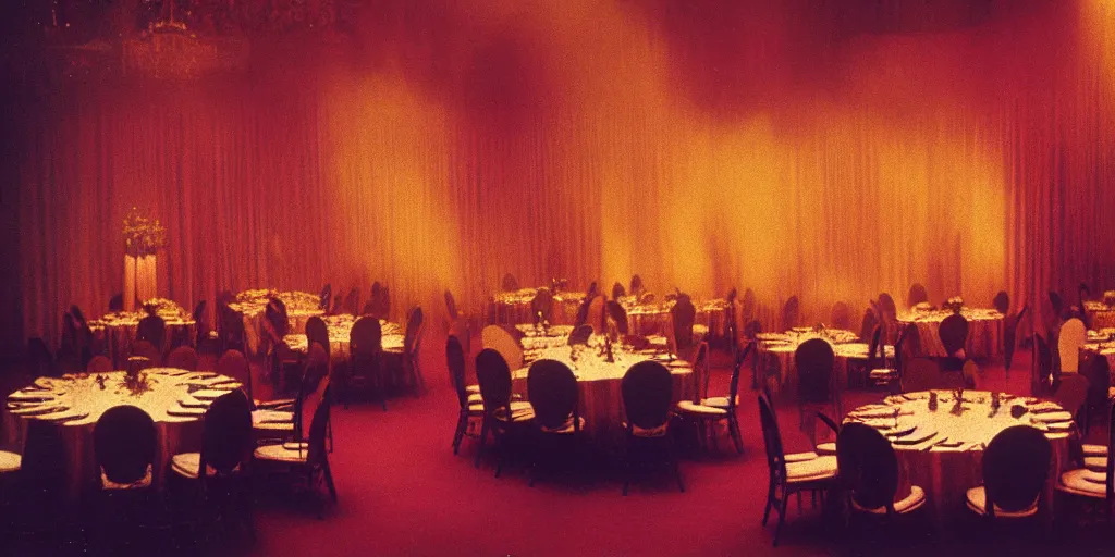 Image similar to a phantom hovers inside of a banquet hall. dramatic soft color lighting ( 1 9 8 4 ).