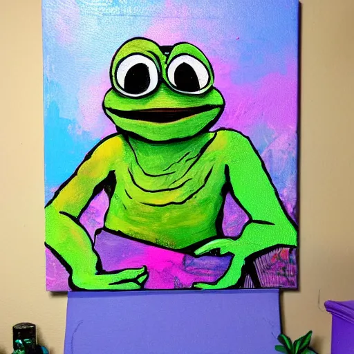 Prompt: pepe the frog painting inside a colorful studio photo in a bedroom