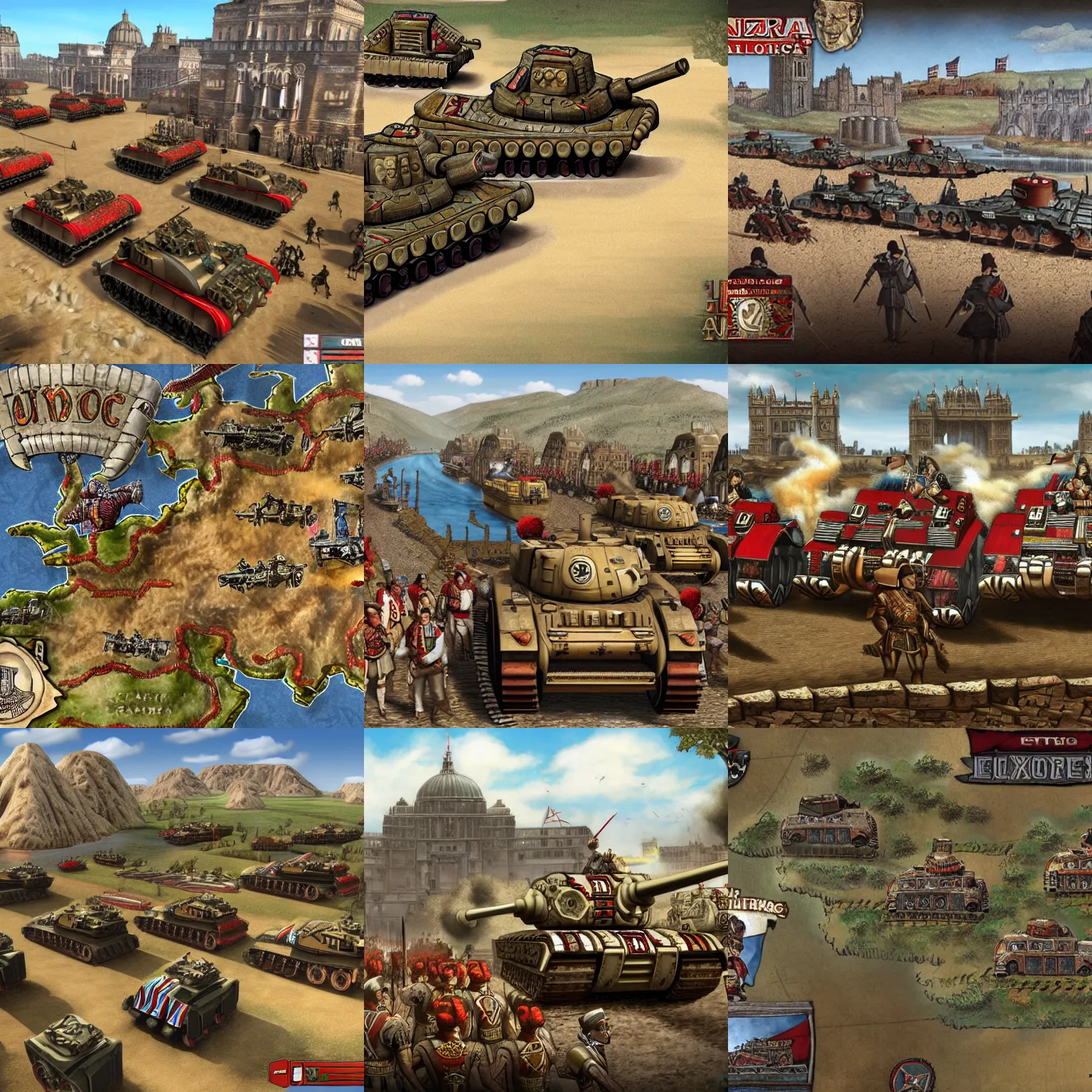 Prompt: Aztec tanks roll into London, alternate history, loading screen art for the game 'Europa Universalis 4'