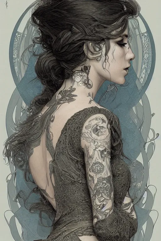 Prompt: a girl seen from behind, she has a tattoo by Joe Fenton that covers her body, fog, volumetric lighting, intricate, elegant, highly detailed, digital painting, artstation, concept art, smooth, sharp focus, art nouveau, art by artgerm and greg rutkowski and alphonse mucha