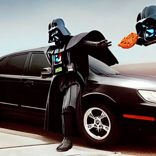 Image similar to darth vader throwing food on a car, throwing food on car windshield