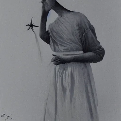 Image similar to a young black nun smoking and puffing lots of smoke, minimalistic background, by Beksinski